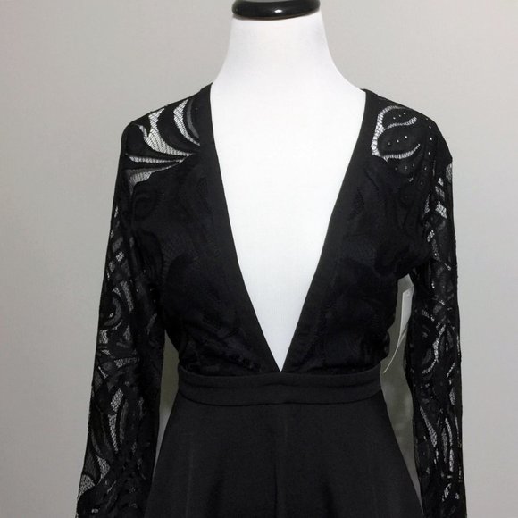 New TOBI Plunging Neckline Dress S Womens Sheer Lace Back Sexy Flirty Vegas Mini - Picture 3 of 15